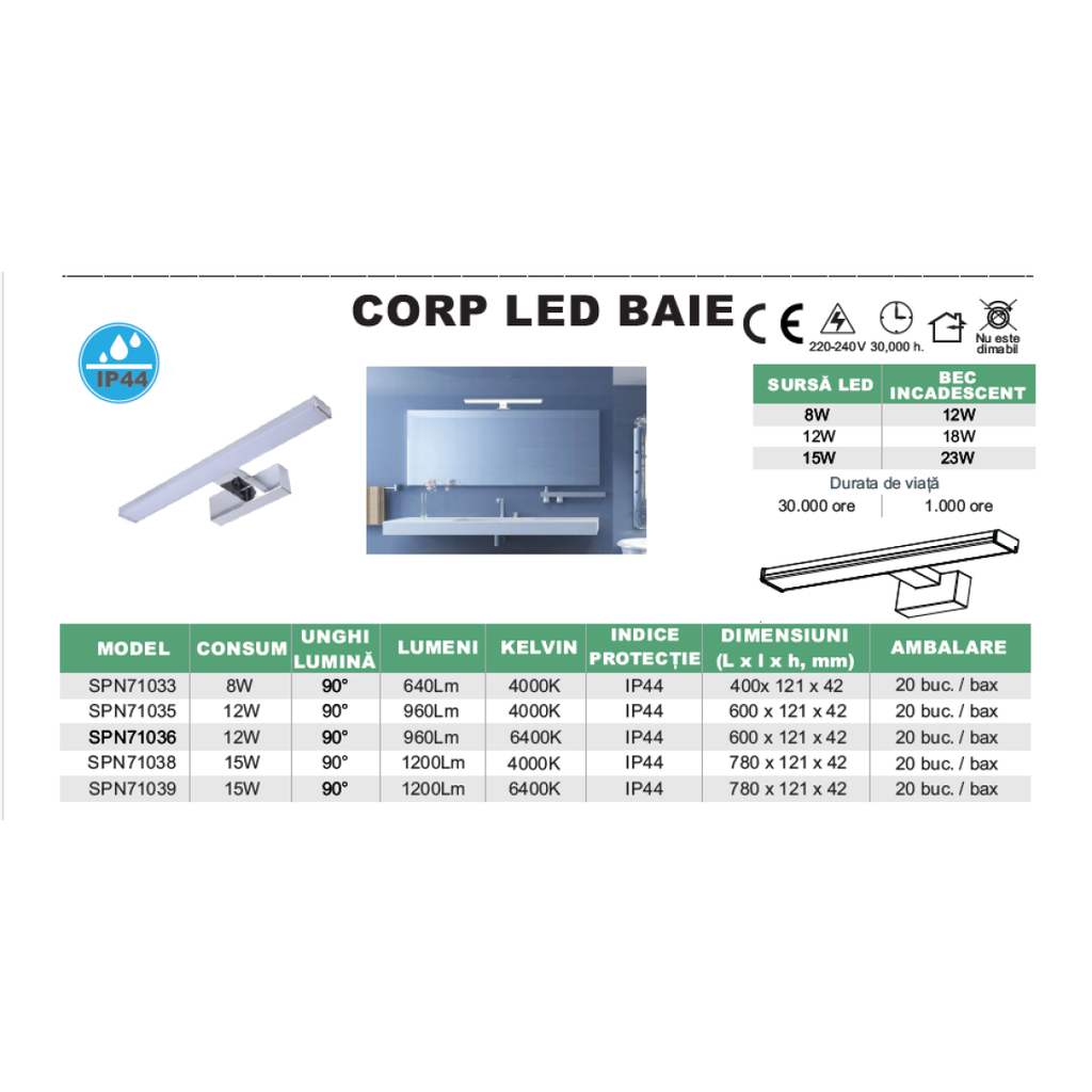 SPN 71033 CORP LED LINIAR BAIE ALB IP44 8W 4000K 400MM